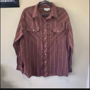 Men’s Vintage Haband Striped Pearl Snap Long Sleeve Western Shirt Sz L Maroon